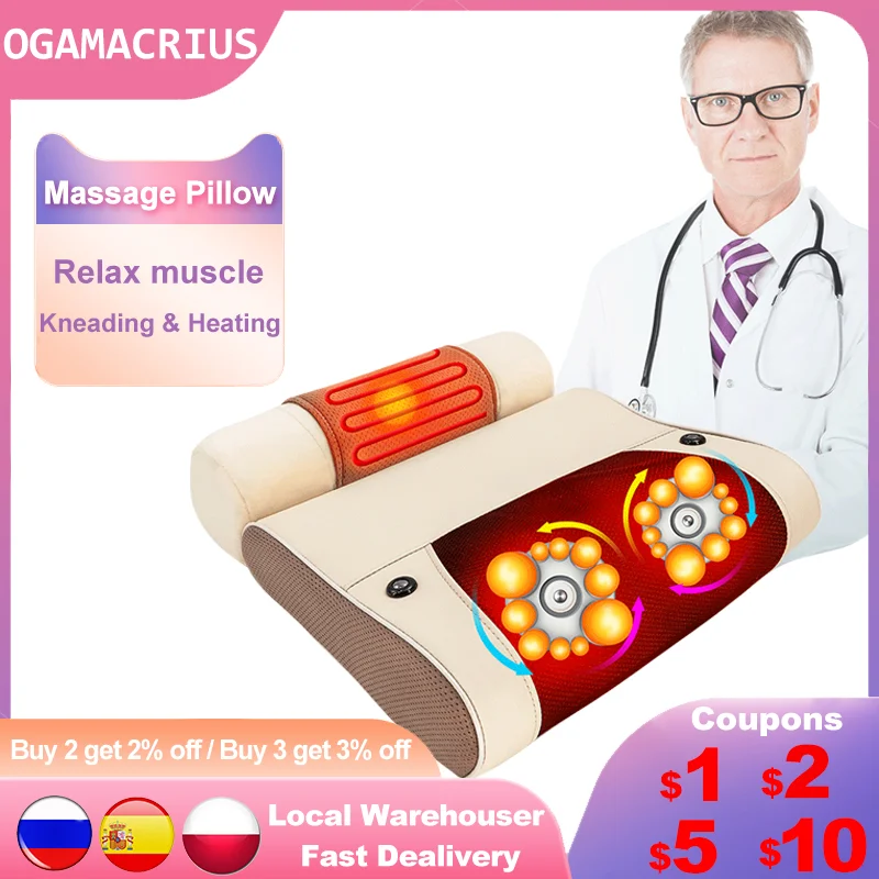 OGAMACRIUS Heat Electric Neck Shoulder Shiatsu Kneading Full Body Back Device Cervical Health Massage Pillow