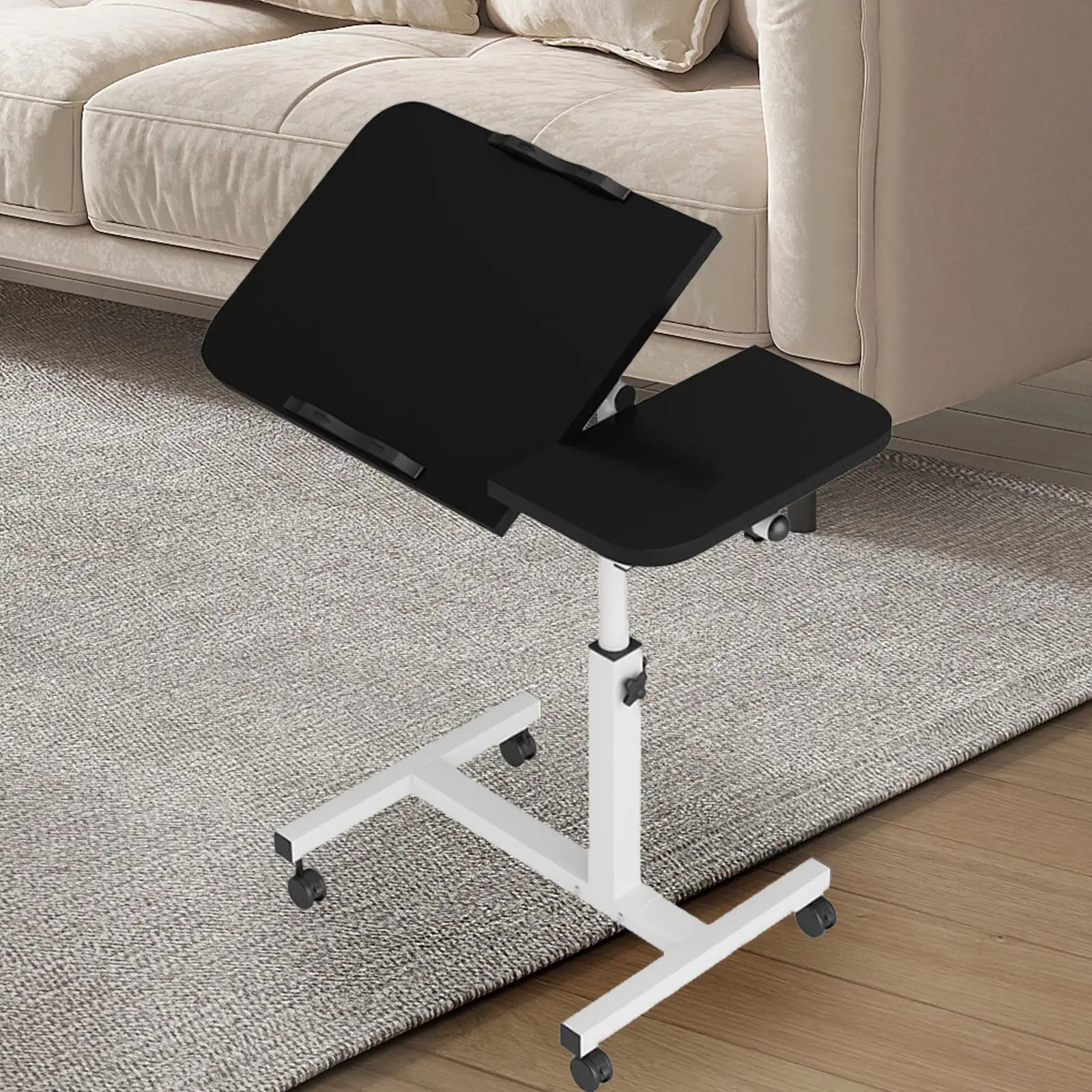 Overbed Table with Swivel Wheel Adjustable Height 60cm to 95cm H Shaped Base Mobile Standing Desk Rolling Computer Cart Office