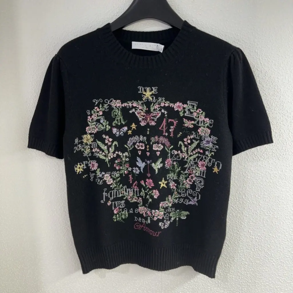 

Women's 25D Early Spring Heavy Industry Embroidered round Neck Short-Sleeved Knitwear Top High Version Shenzhen Nanyou Goods