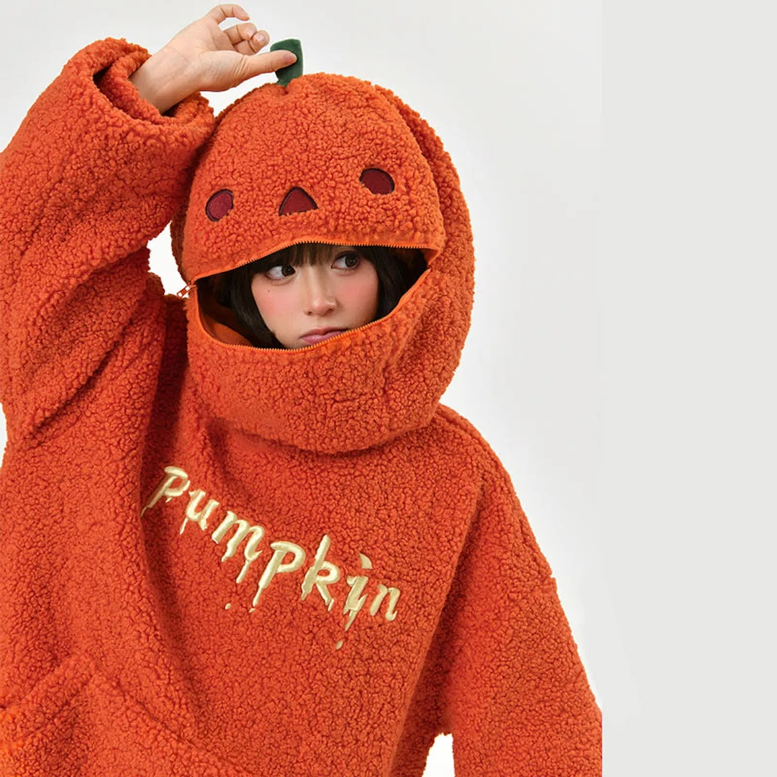 Cute Pumpkin Hoodie For Women Halloween Play Pumpkin Overcoat Impish Double Sided Velvet Warm Top Autumn Sweatshirt Pullovers