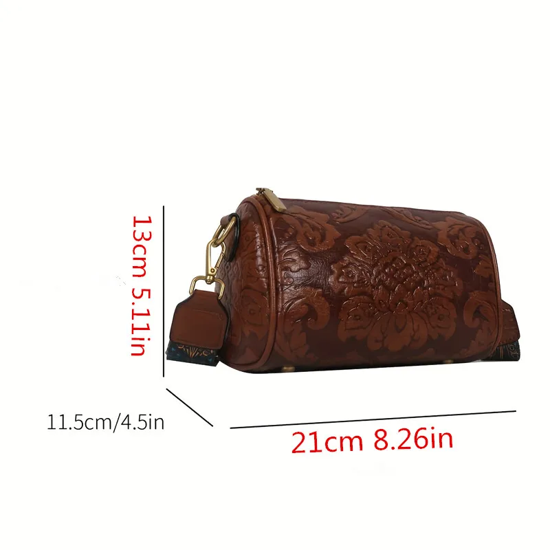 Torba cylindryczna z wytłoczonym kwiatem w stylu retro, klasyczna teksturowana torebka na ramię z zamkiem błyskawicznym, z szerokim paskiem z geometrycznym wzorem — zdjęcie 4