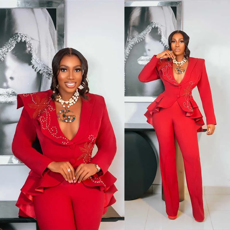 

Modern 2 Pieces Women Suits Deep V Neck Long Sleeve Pant Sets Crystals Beading Birthday Party Customized Jacket
