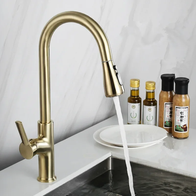 

Pull Out Faucet Sink Faucets Brass Kitchen Mixer Hot & Cold Rotating Brushed Gold Water Crane Tap