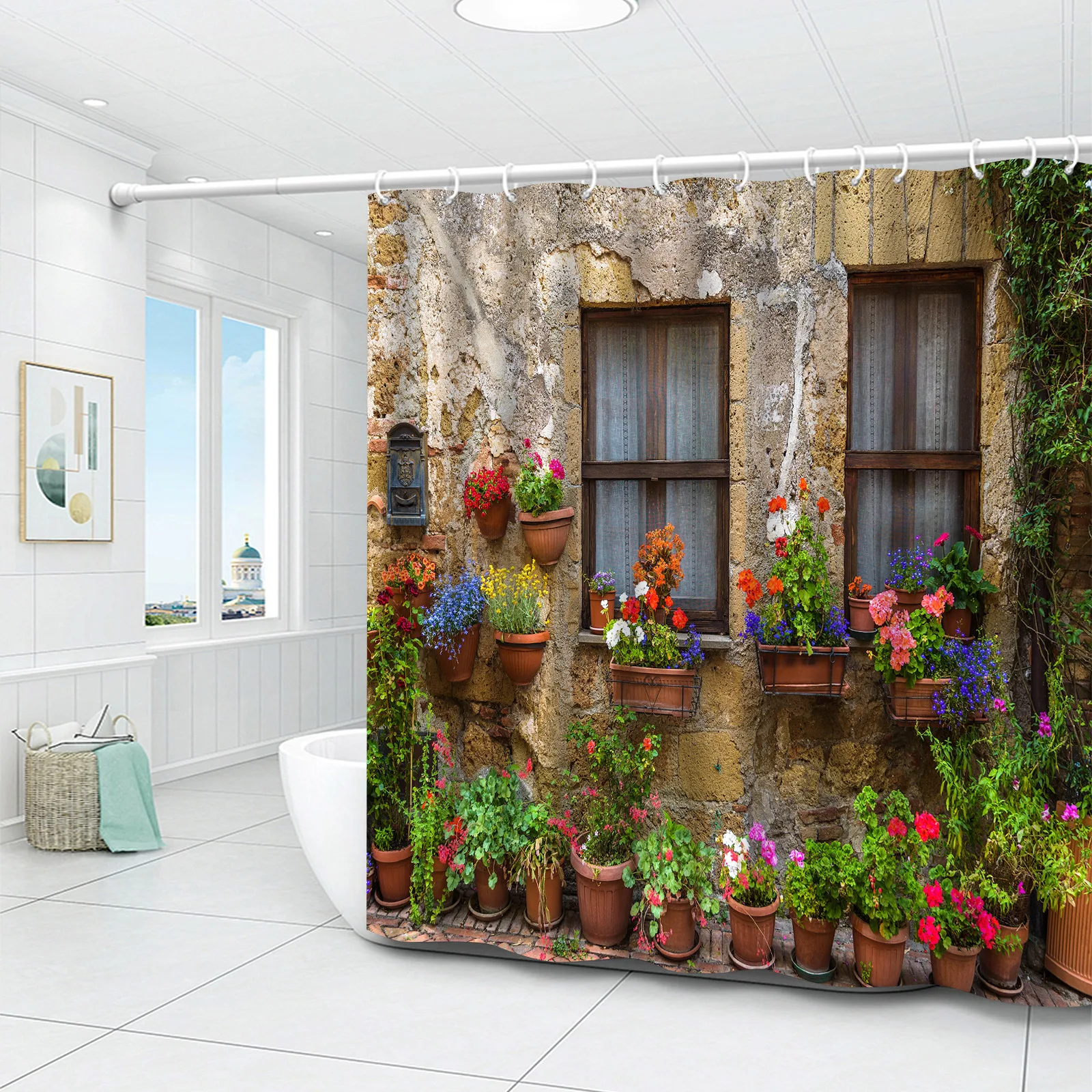 Street Landscaping Shower Curtains Architecture Greenery Potted Plants Flowers Bath Decor Waterproof Polyester Fabric Curtain