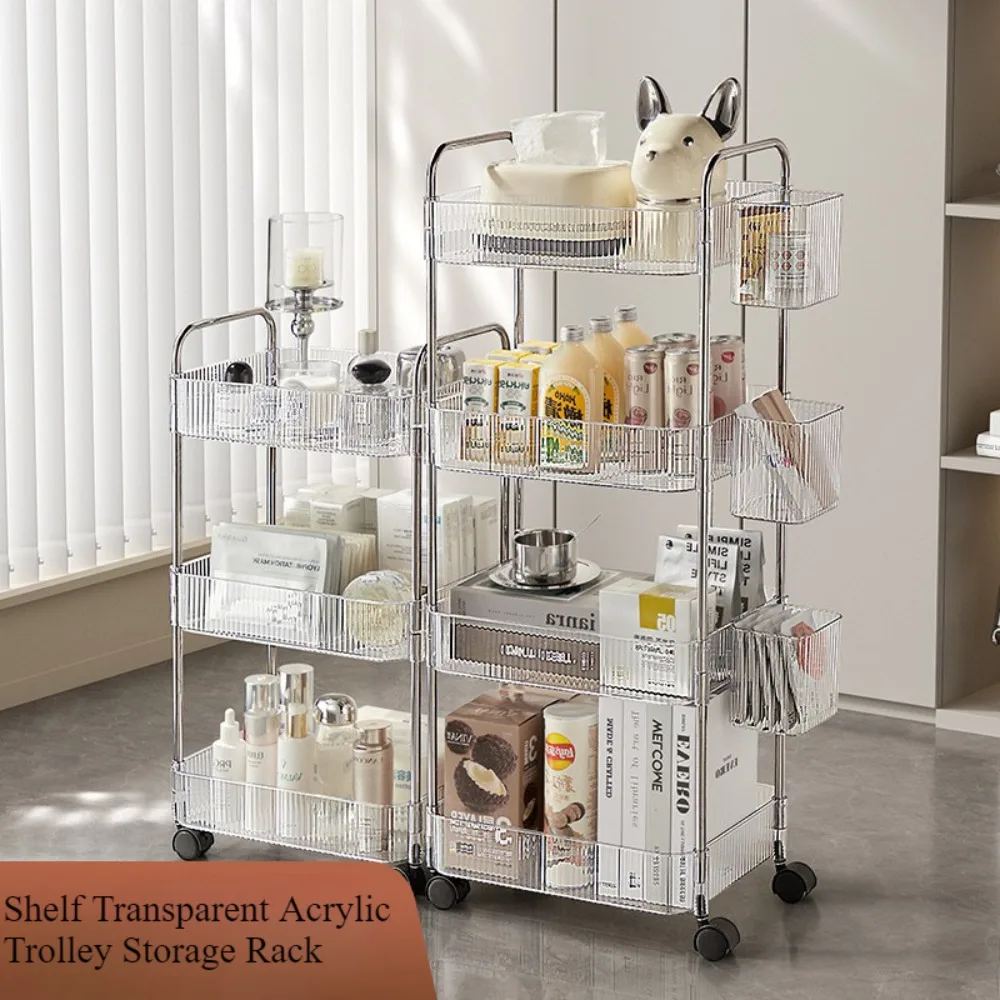 3/4 Tiers Storage Shelf Transparent Acrylic Trolley Cosmetics Bedroom Living Room Snack Storage Rack Bathroom Mobile Shelf Home