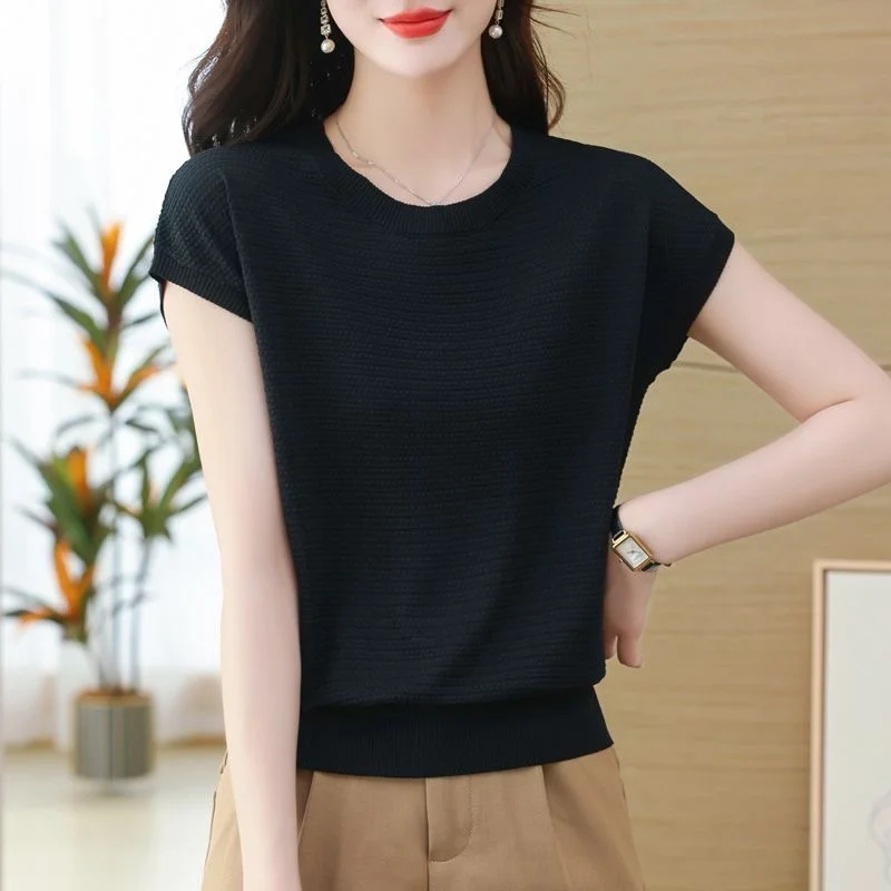 아웃렛 아이스 실크 니트 라운드 넥 얇은 여름 상의 엄마 출퇴근용 루즈핏 레귤러 소매 길이