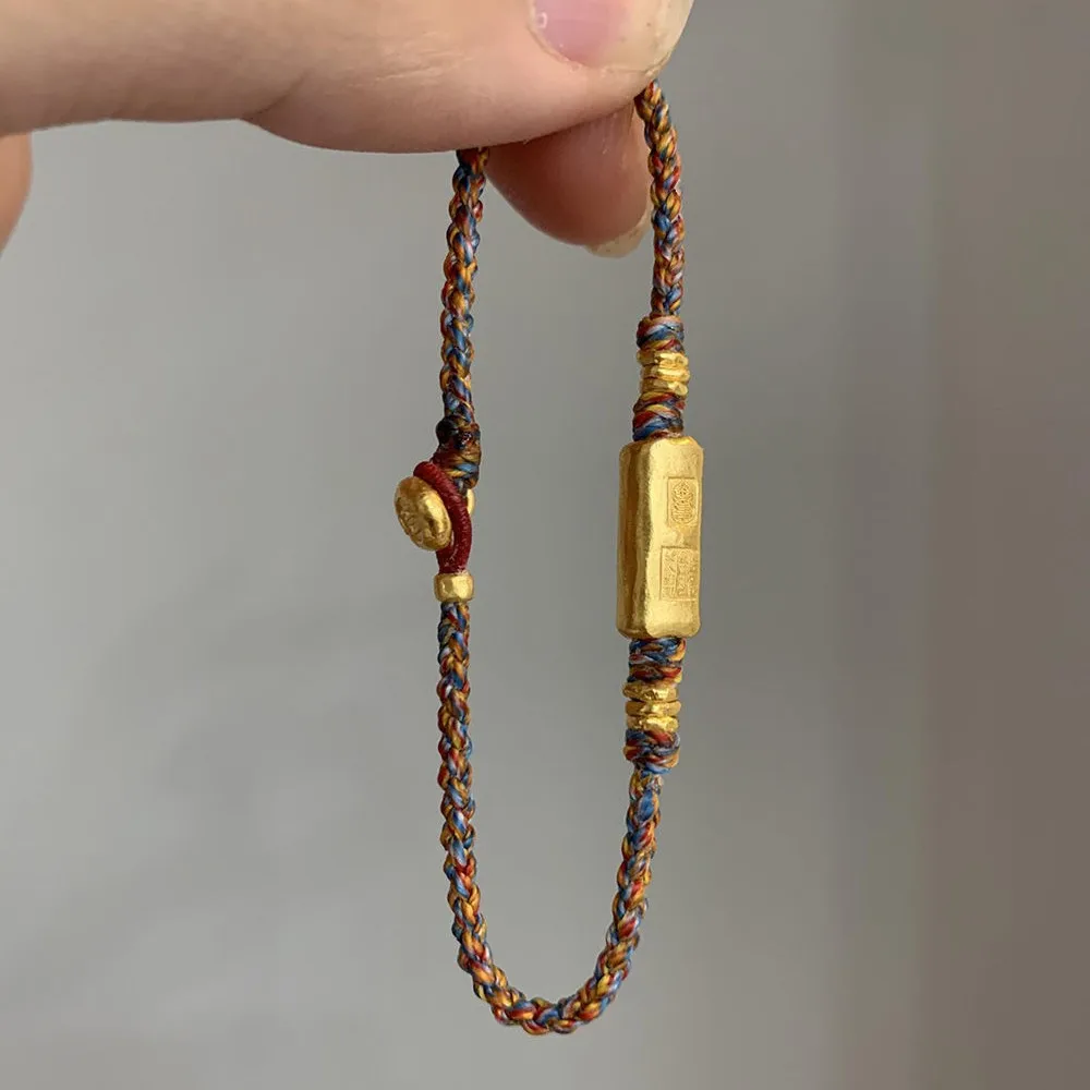 

Handmade Tibetan Lucky Multicolor Braided Bracelet Barrel Pendant Woven Cord Wristband, Ethnic Amulet Jewelry Gift