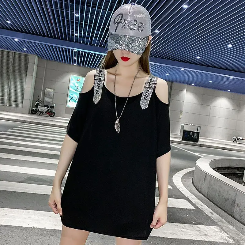 Streetwear Solid Color Fashion Slash Neck T-shirt Women\'s Clothing Sexy Off Shoulder Summer Casual Spliced Loose Midi Pullovers