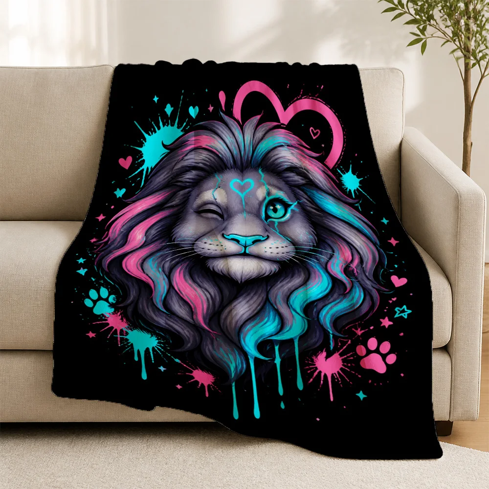 Vibrant Lion Face Pop Art Throw Blanket for Sofa Couch Home Decor Bohemian Boho Living Room Cozy Stylish Winter Gift Idea