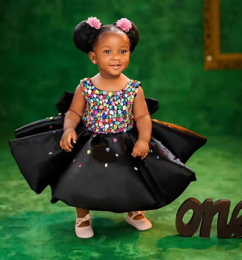 

Colorful Beading Kids Birthday Party Dresses Customized Black Flower Girl Dresses for Wedding Baby Girls Prom for Photoshoot
