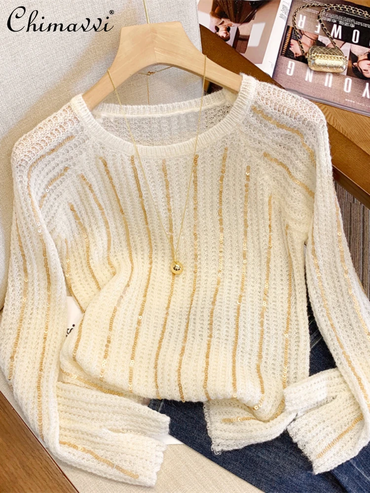 

Gold Sequined Sweater for Women 2024 Spring French Gentle Style All-Match Casual Striped Round Neck Long Sleeve Knitted Pullover