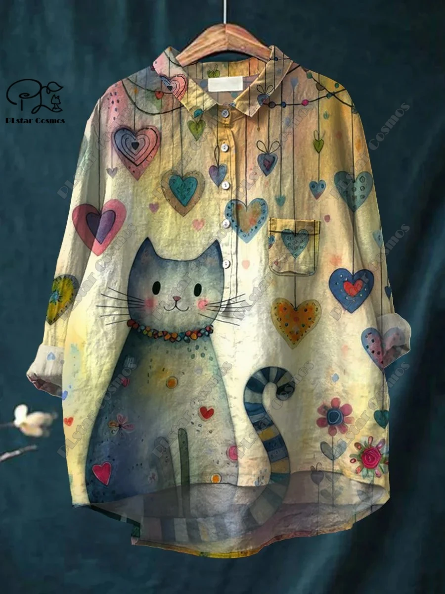 PLSTAR COSMOS new 3D printed retro and cute floral animal printing ladies entertaining leisure and loose open -tube shirt D-28