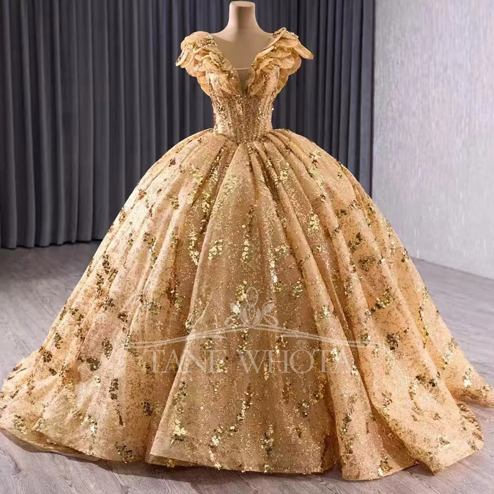 

Luxury Gold Long Evening Dress V-Neck Cap Sleeve Sequined Customizable Gown For Women Elegant Suknie Wieczorowe