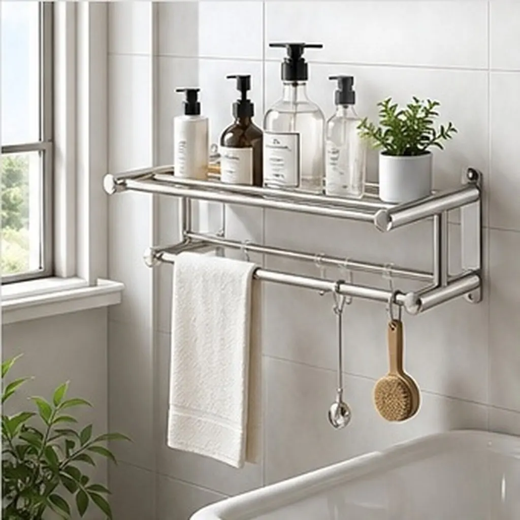 Stainless Steel Wall Mounted Shower Caddy with Hooks – Bathroom Towel Rack & Storage Shelf, Modern Elegant Design