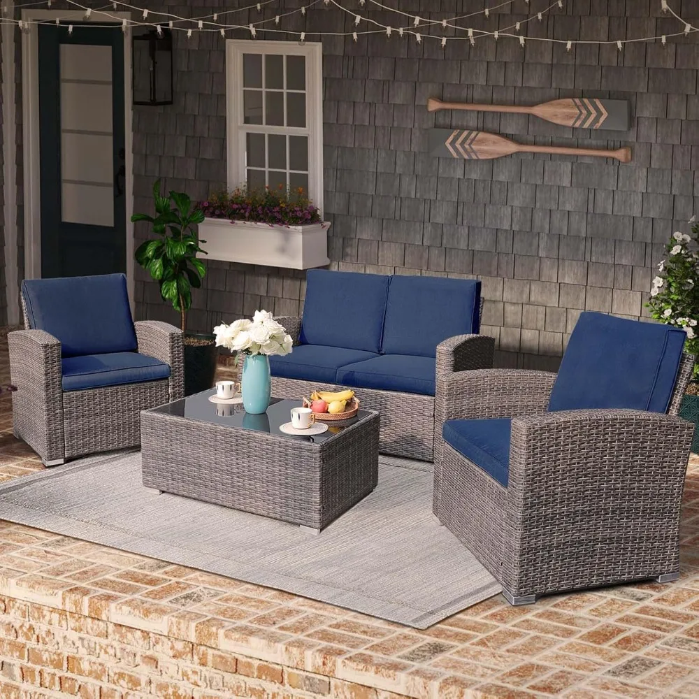 

4-piece outdoor terrace furniture set, all-weather willow terrace conversation set, PE rattan sofa chair set