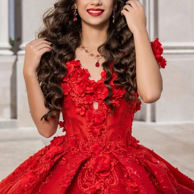 

Customized Shiny Red Quinceanera Dresses Off the Shoulder sequin applique 3D flower Long tail Vestido 15 Quinceanera