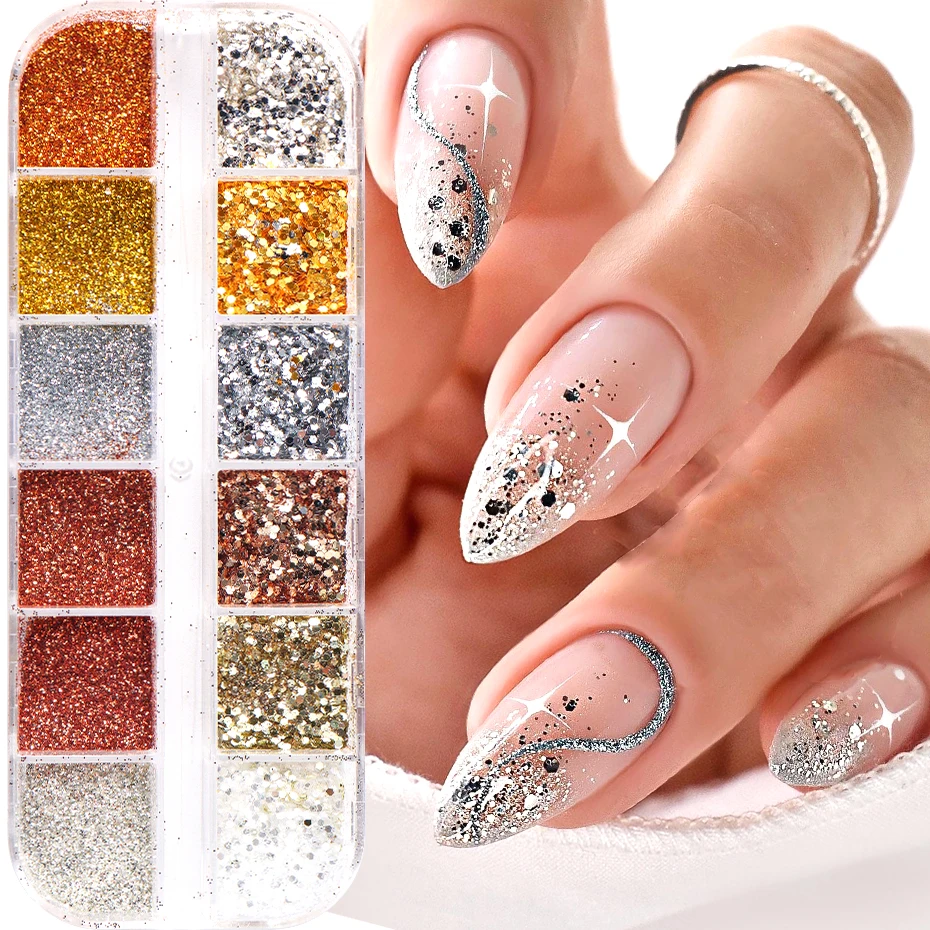 12 Grids Chrome Golden Silvery Nail Glitter Powder Shiny Mirror Rose Sequins Pigment Sand Dust for Nail Art Decorations Manicure