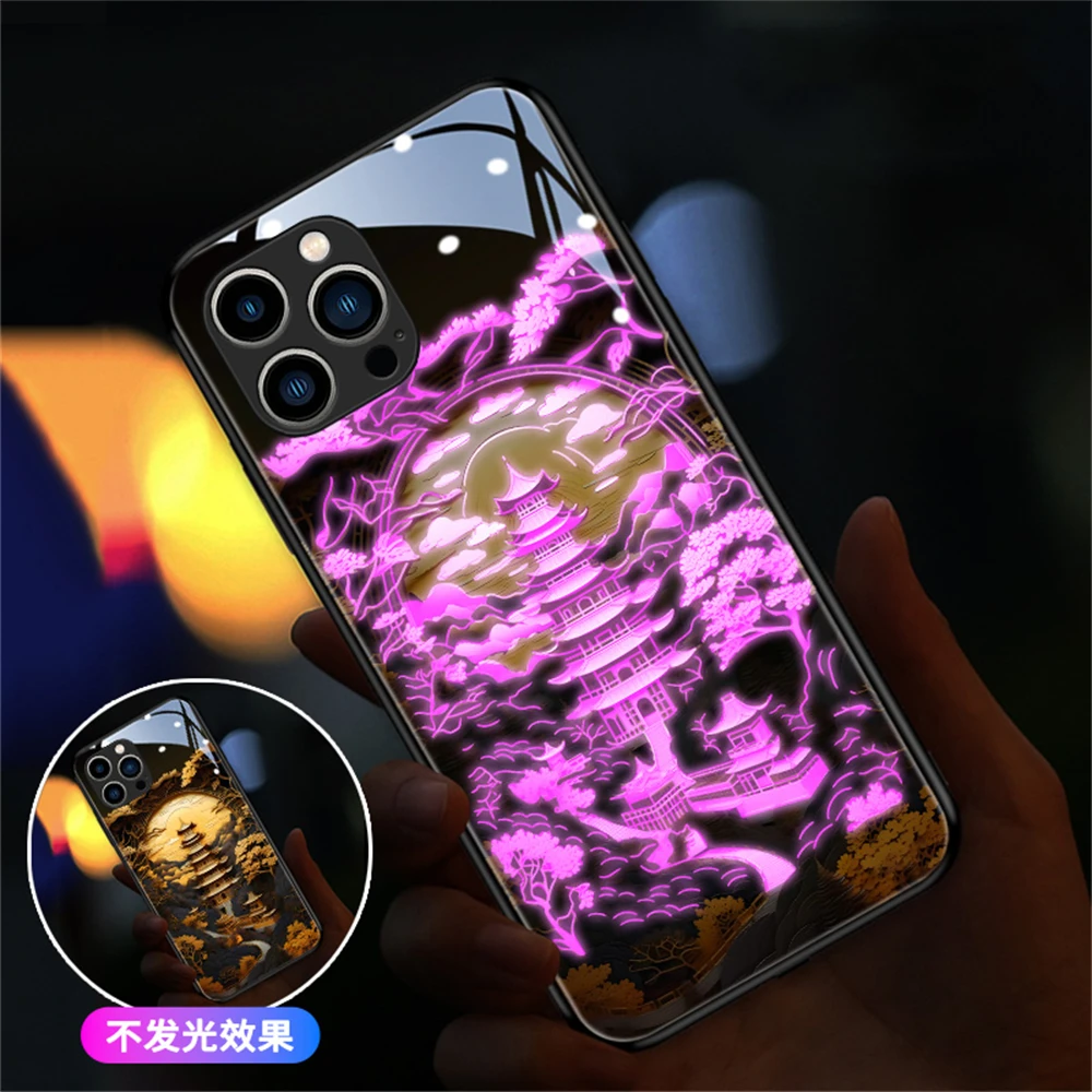 

Old Landscape Painting Smart LED Light Up Glow Glass Phone Case For Samsung S24 S23 S22 S21 S20 FE Note 10 20 Plus Ultra A54