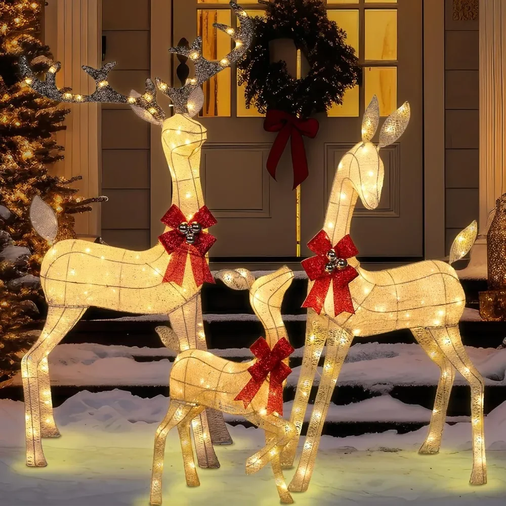 Super Large 3 Pieces Lighted Reindeer Christmas Decoration Family Set, Christmas Deer Family Decor Outdoor Yard Christmas Decora