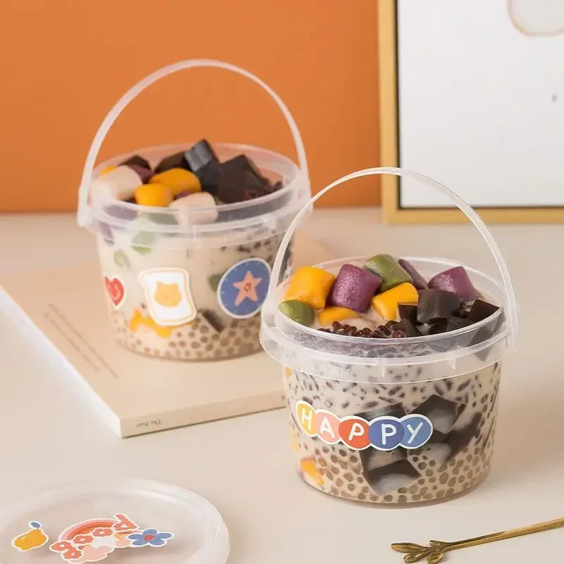 

50pcs Portable Milk Tea Fruit Tea Barrels Disposable 750ml Portable Plastic Bucket for Fruit Dessert Cold Drink Packaging