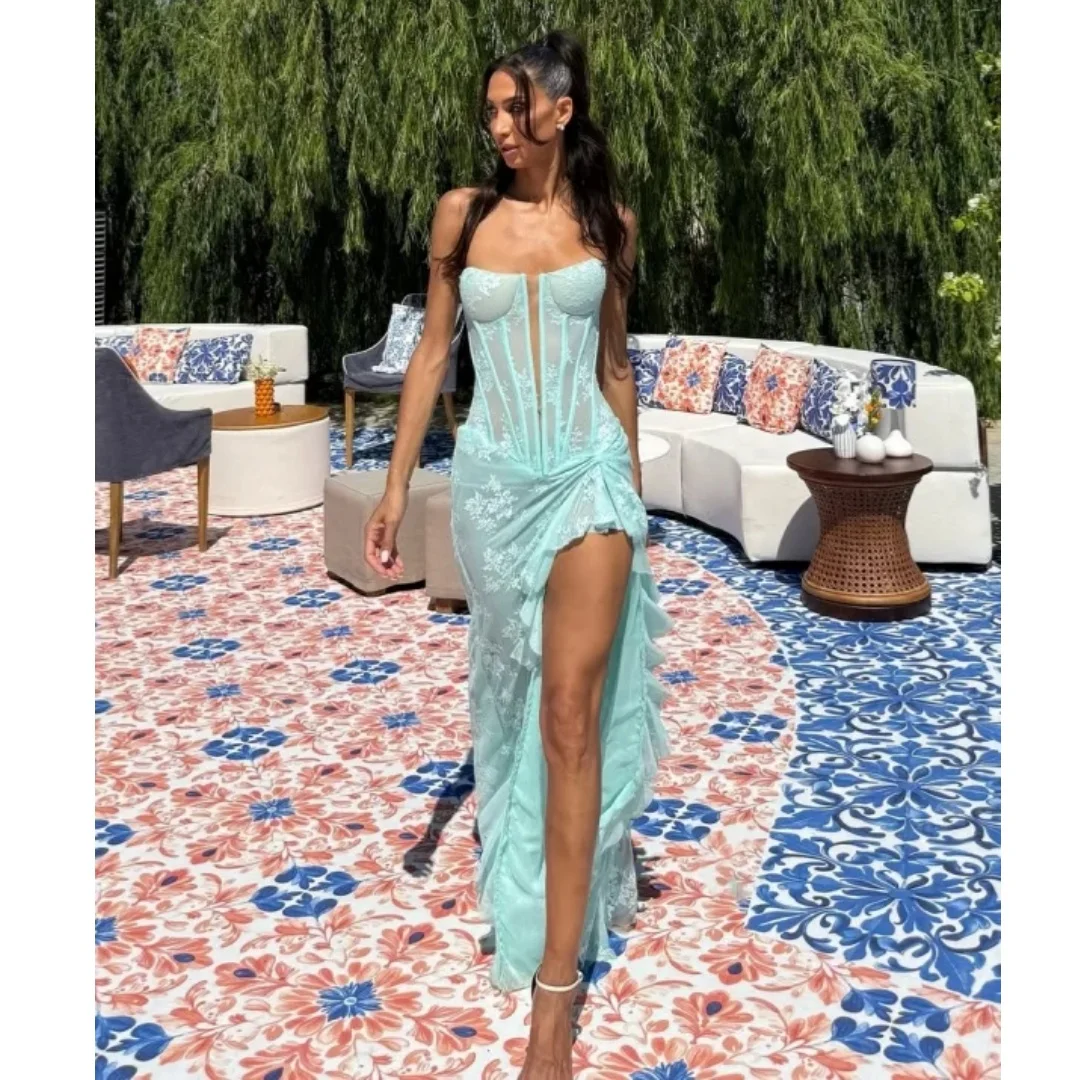 

Sage Lace Evening Dresses with Slit Illusion Corset Wedding Party Dress Customized Backless Ruffles Prom Gown Vestidos