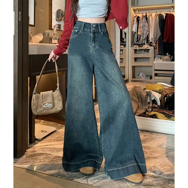 Women High Waist Straight Leg Jeans Female Retro Blue Thin Casual Denim Pants Girls Fashion Double Button Loose Trousers