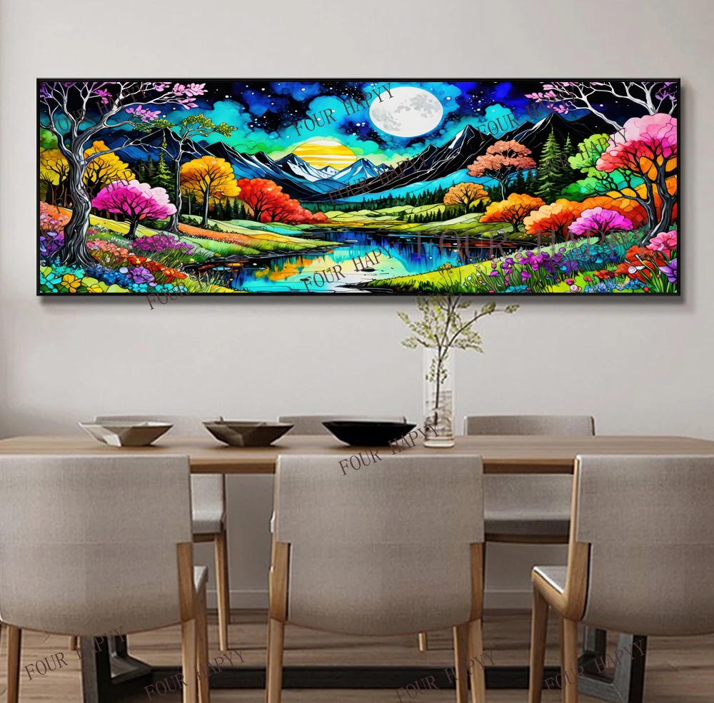 5D DIY Large Diamond Painting Cross Colorful Trees Flowers Mountains Landscape Wall Art, Full Round Drill, Embroidery Home Decor