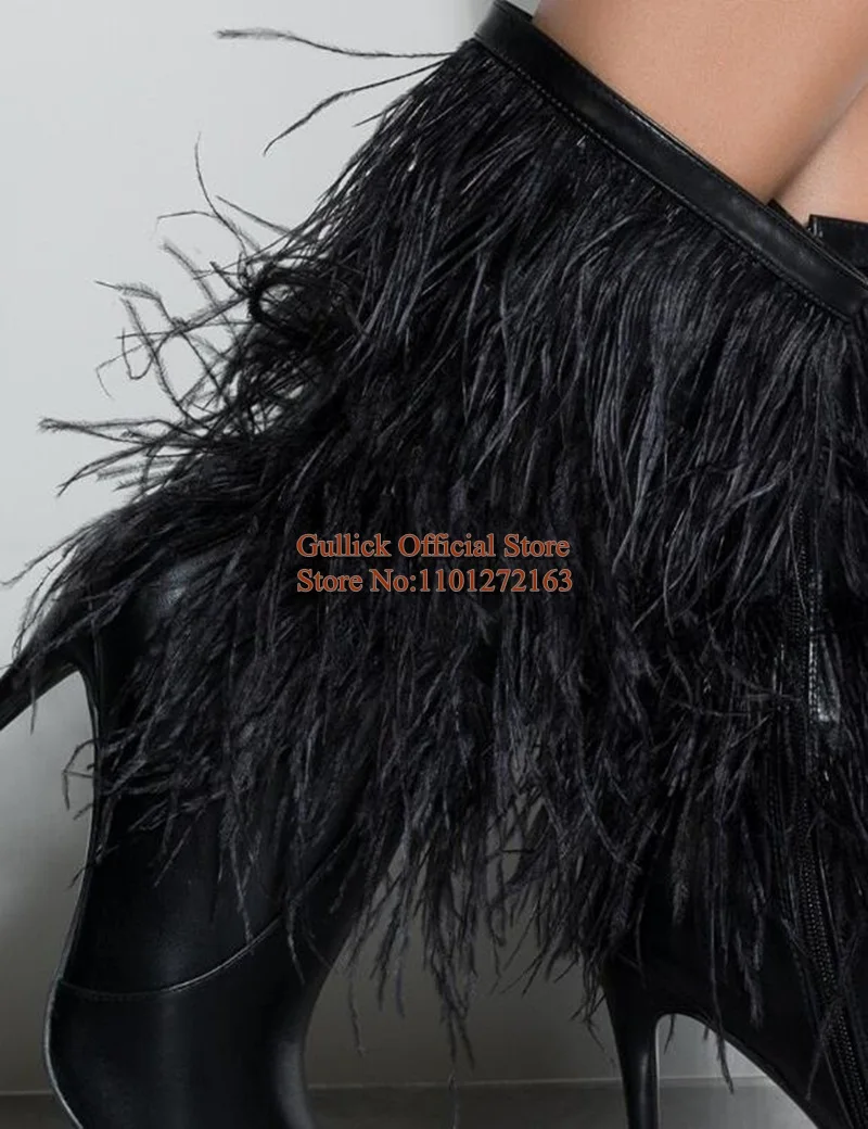 أحذية بيضاء من الريش بمقدمة مدببة وكعب ستيليتو من الجلد باللون الأسود والأبيض وسحاب جانبي أحذية حديثة لمنتصف الساق