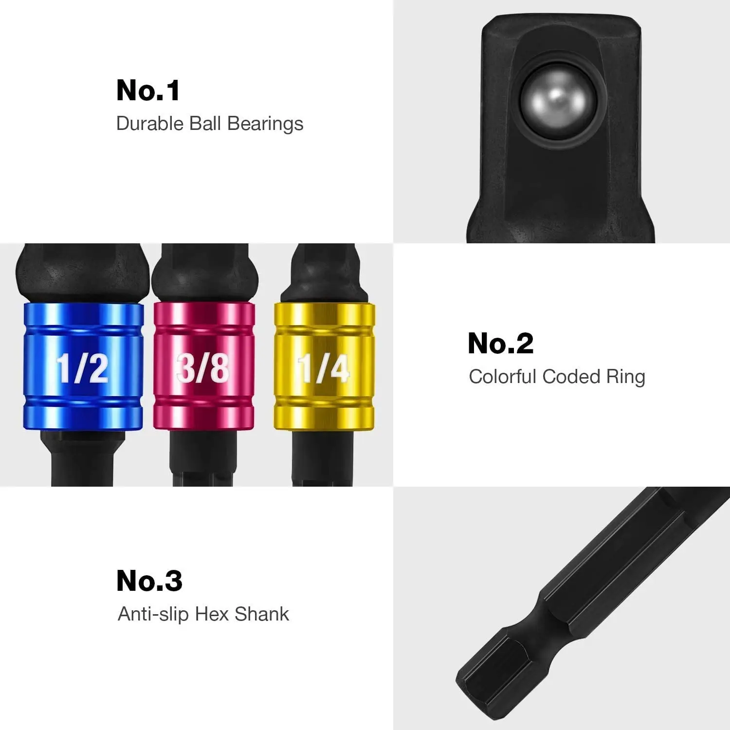 Bộ 3 Máy Khoan Ổ Cắm Adapter Bộ Chuôi Lục Giác Tác Động Driver Ổ Cắm Adapter Ổ Cắm 1/4 "3/8" 1/2 "Tác Động Điều Khiển Adapter