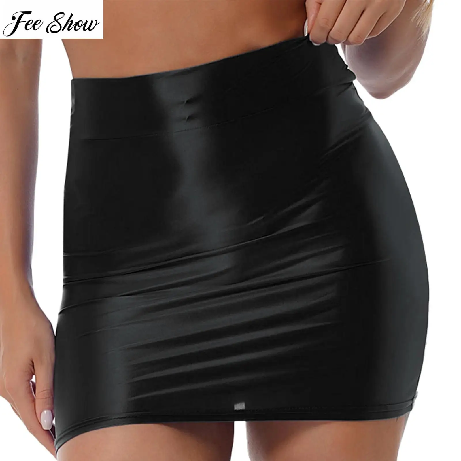 

Womens Glossy Mini Pencil Skirt Casual High Waist Elastic Waistband Hip Package Miniskirt Clubwear Nightwear