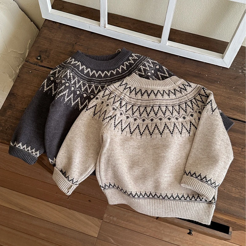 

Autumn Winter Knitted Sweater Pullover Tops Children Baby Girls Boys Sweater Knit Jacquard Long Sleeved Loose Fashion Clothes