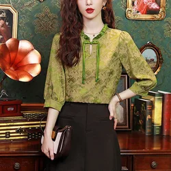 2024 Summer Chinese Style Pullovers Stand Collar Pan Button Printed Blouses Fashion Slim Versatile Half Sleeve Commuter Shirt