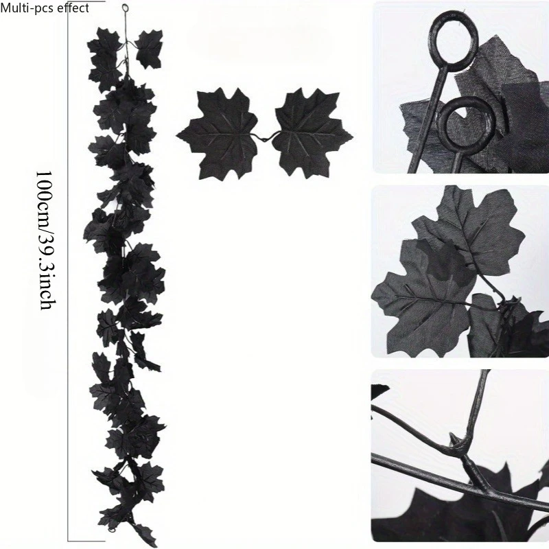 3Pcs Black Maple Leaf Garland - Upgraded Artificial Fall Leaves for Halloween Decor, Perfect for Home Mantle, Stairs