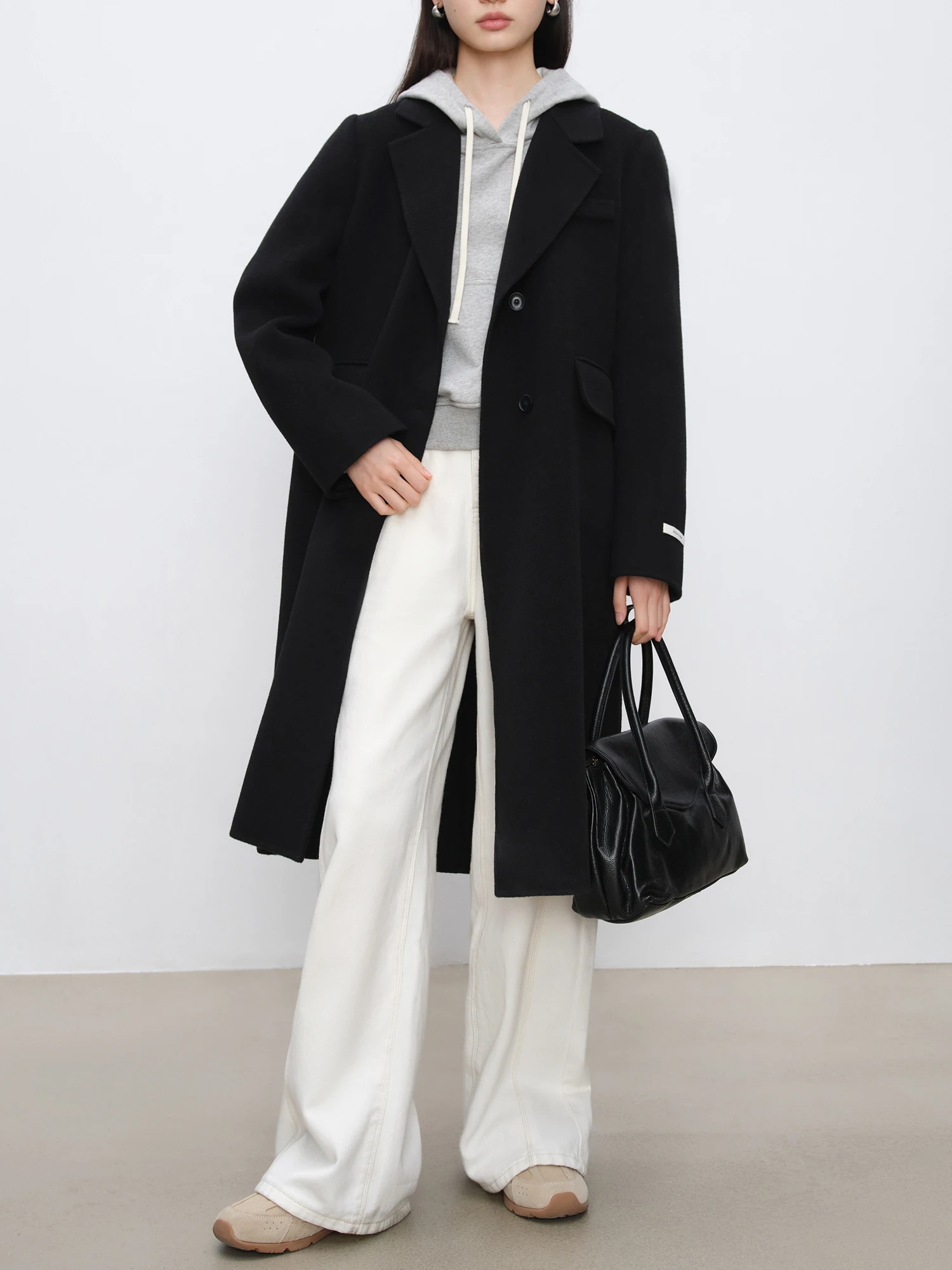 ZIQIAO Petite Size Black Shoulder Cashmere Woolen Coat for Women 2024 Winter Clothing New High-end Coat Casual Loose 24ZQ94315