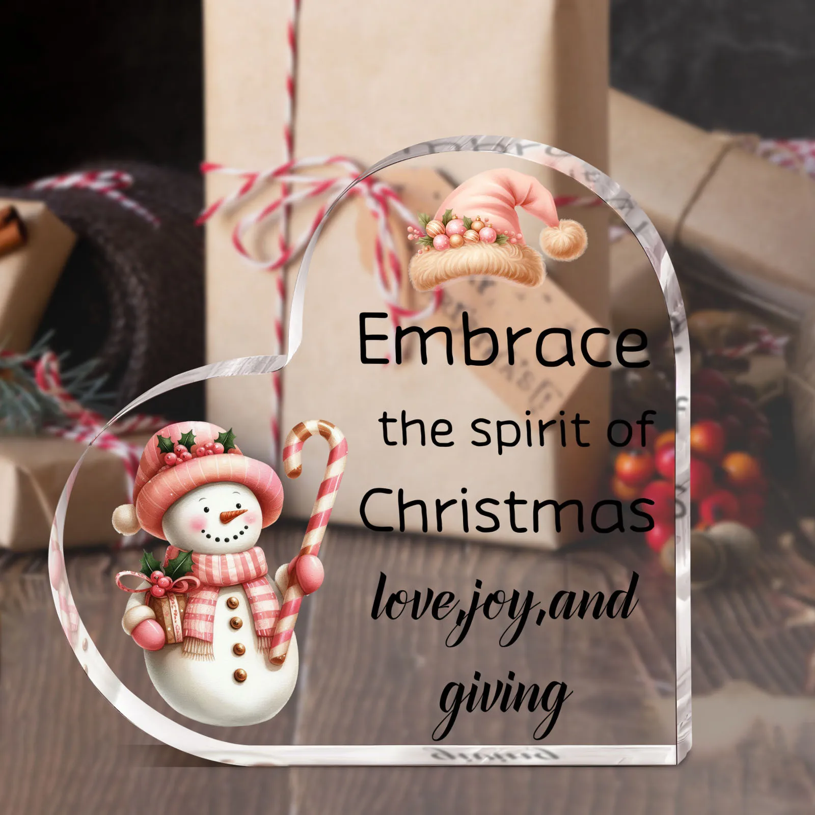 Embrace The Spirit Of Christmas Heart‑Shaped Acrylic Plaque, Pink Snowman Winter Table Decor