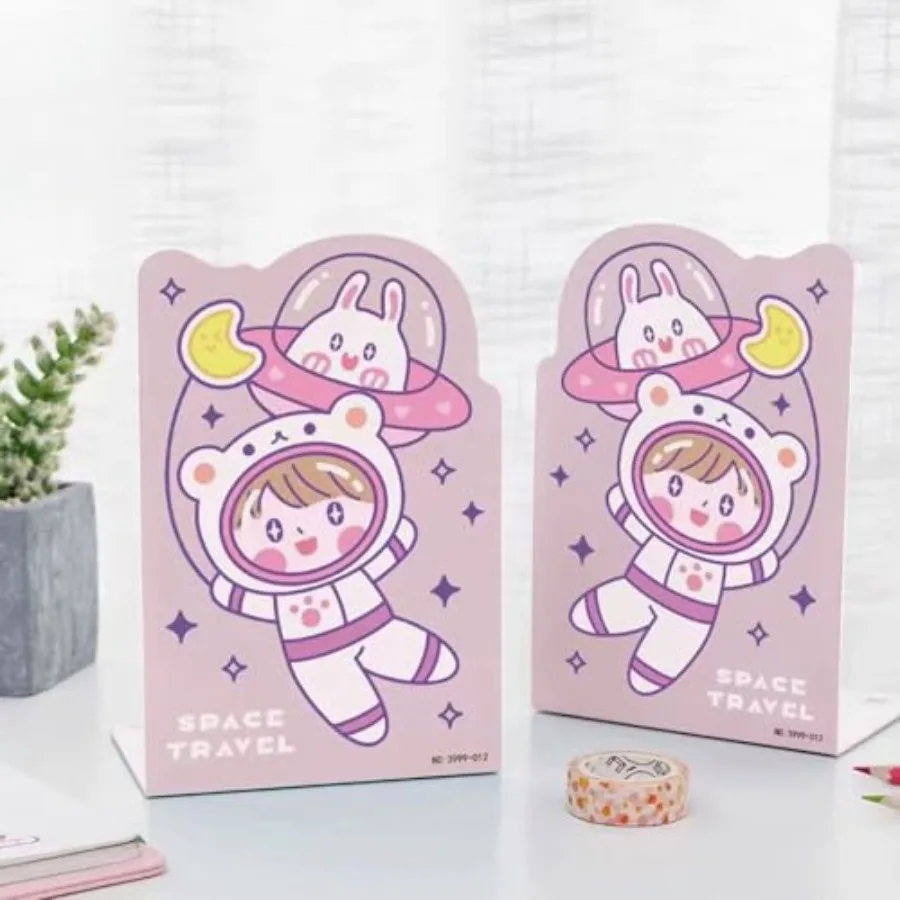 2 Pack Astronauts Metal Bookends for Girl,Non-Slip Cartoon Lovely Book Stopper, 5"x4"x8"Heavy Duty Premium Space Decorative Boo