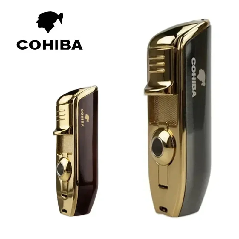 COHIBA-encendedor de cigarros de carga directa a prueba de viento, herramienta de encendedor inflable personalizado de Metal, llama azul, tres