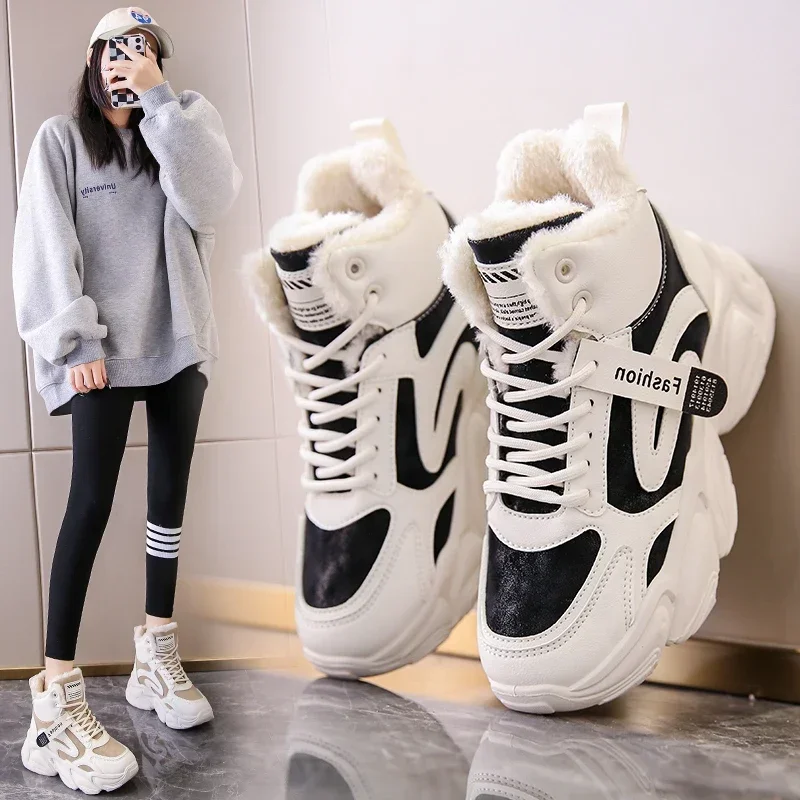 

2025 New Winter Thick-soled Women Sneakers Warm Plus Velvet Cotton Shoes Large Size 40 Height-increasing Platform Women's Shoes
