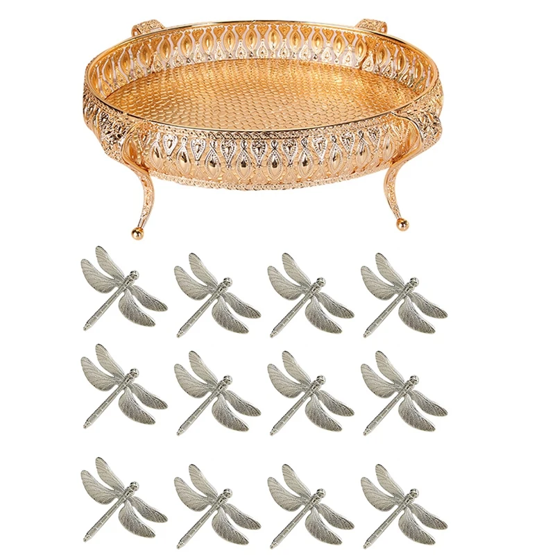 

12 Pcs Dragonfly Napkin Rings, Zinc Alloy Napkin Buckle Silver Napkin Ring & 1X Home Food Tray Intage Fruit Plate