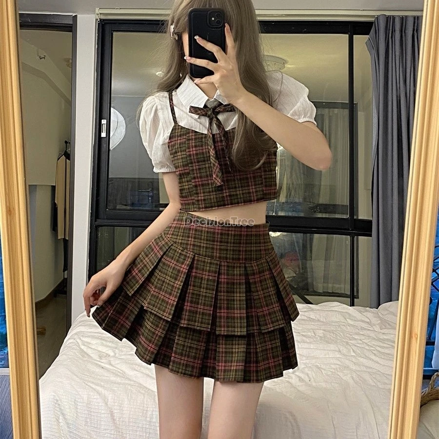 2024  japanese and korean style jk uniform set sailor collar patchwork top plaid pleated skirt sweet college series uniform