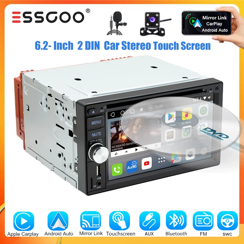 ESSGOO Autoradio 6.2" 2 DIN CD DVD Multimedia-Player Apple Carplay Android Auto FM/RDS HD kapazitiver Touchscreen Bluetooth USB TF AM Lenkradsteuerung Mirror Link