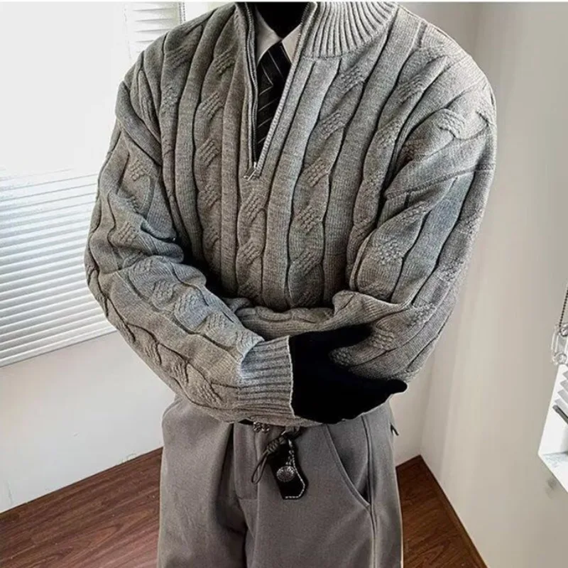 Autumn New Half Zipper Sweaters Men's Old Money Twists Pattern Half High Collar Knit Pullovers British Lazy Comfortable Jumpers