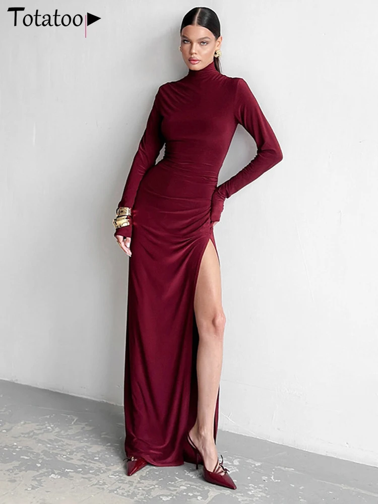 Totatoop Women's Vintage Party Red Long Dress 2024 Autumn Winter Long Sleeve Hight Split Ruched Bandage Maxi Dress Festival Robe