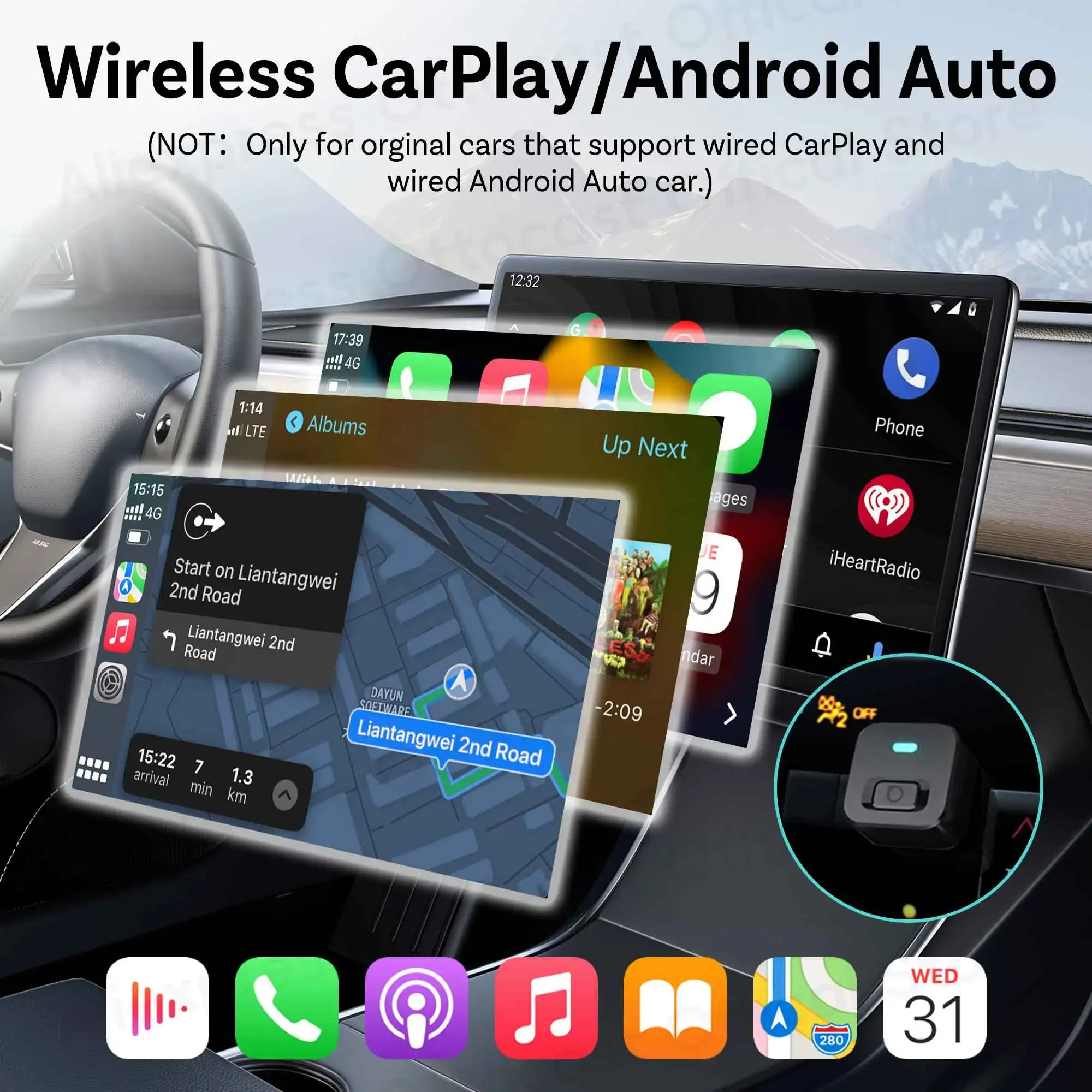 OTTOCAST MINI Dot Wireless CarPlay Android Auto Adapter 2 in 1 USB Dongle Car Accessories for VW Toyota Hyundai Skoda Chevrolet