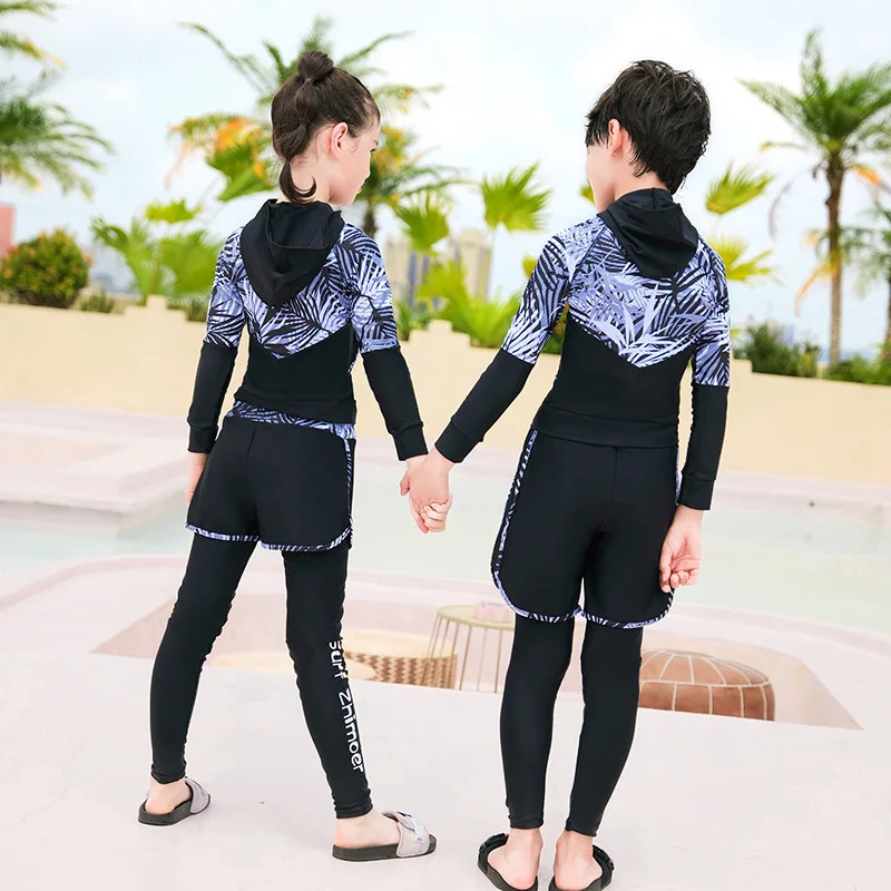 Boys Youth Three Piece Rash Guard Long Sleeve Zipper Hoodie Shirt and Pants Athletic Surfing Swimsuit Bathing Suits Kid Swimwear