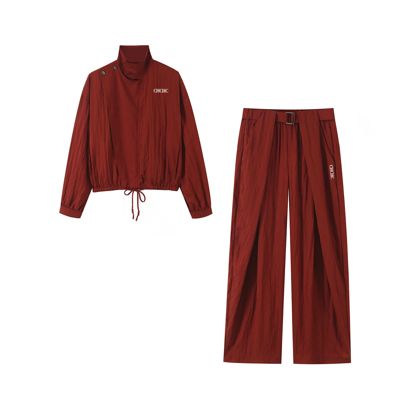 CH Damen Zweiteiliges Outfit mit Stehkragen, Kurzer Jacke mit Kordelzug, Weit geschnittene Hose mit Gürtel, Buchstabendruck, Lässiger Sportanzug – Detail 8
