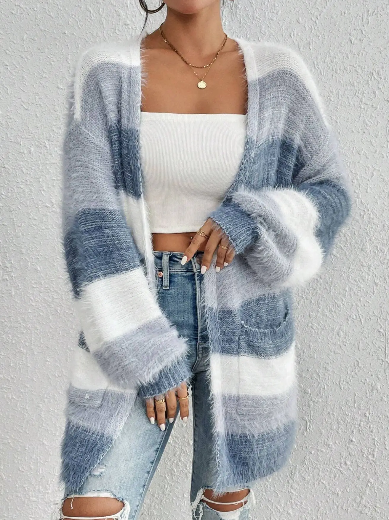 

AutumnWinter Cardigan ExtraLong Striped Colorblock Cardigan Oversized Plush Warm Cardigan European Casual Soft Outerwear