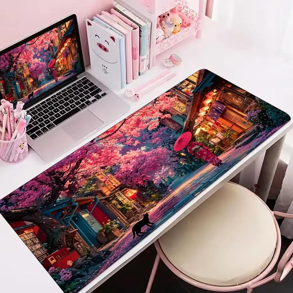 Japanese Cherry Blossom Nightscape Large Gaming Mouse Pad Non Slip Rubber Base Extended Desk Mat For PC Laptop Gaming Setup