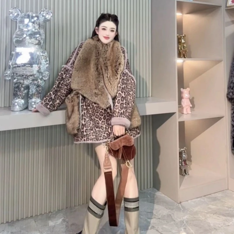 2025 Winter Coat New Fashion Autumn Winter Furry Collar Leopard Print Woolen Integrated Warm Comfortable Faux Fur Jacket Outwear