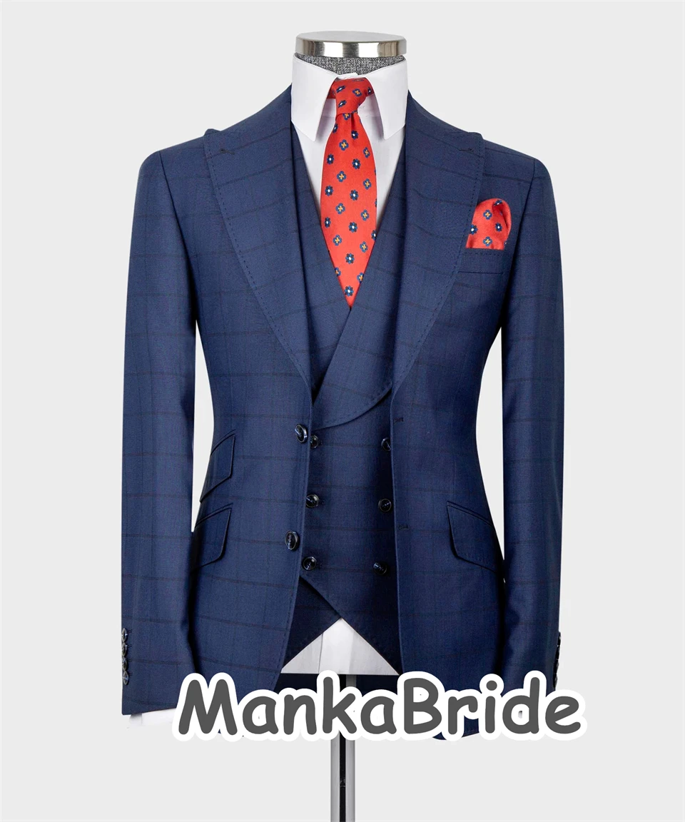 Smoking azul clássico do casamento dos homens, ternos formais do noivo, slim fit, blazer, colete, calças, roupa de negócios, baile de formatura, festa, terno masculino, 3 peças